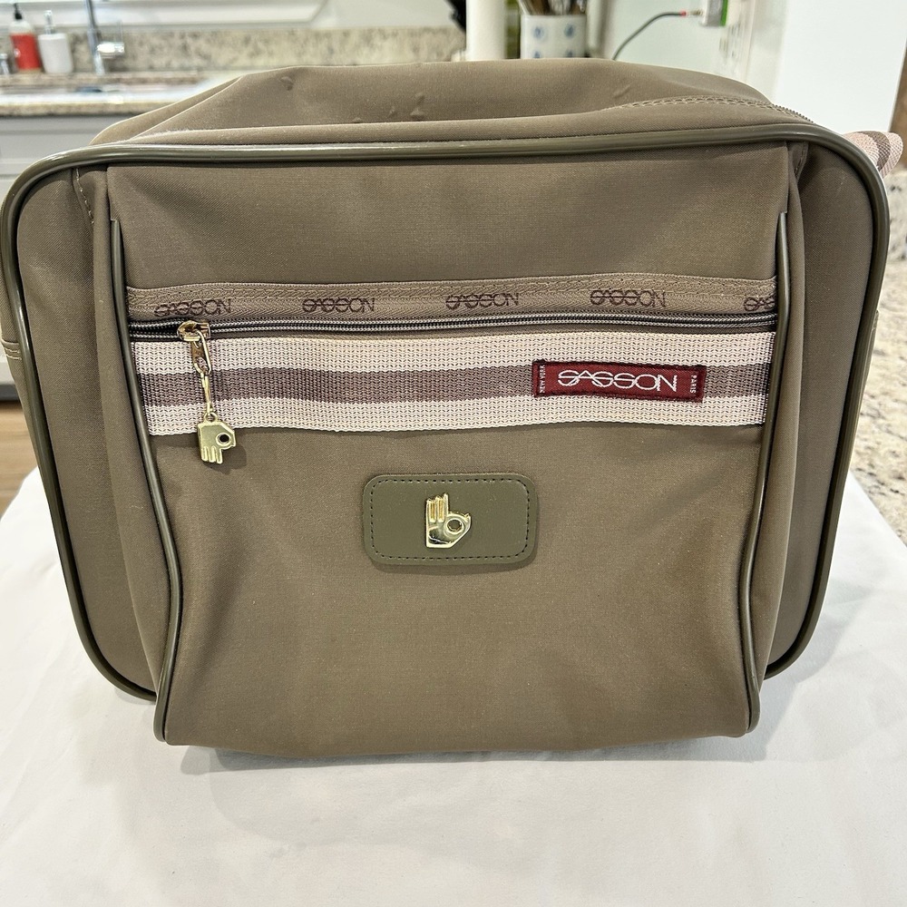 Vintage Vidal Sassoon Medium Travel Bag Made In Taiwan Olive Green‎ Cream Stripe